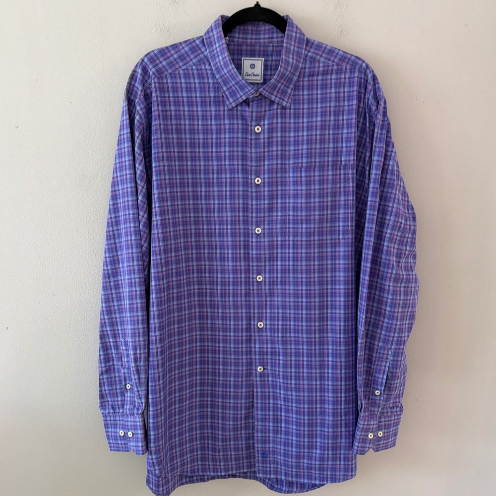 David Donahue Men XXL Purple Blue Plaid Long Sleeve Cotton Button Down Shirt - Picture 2 of 10